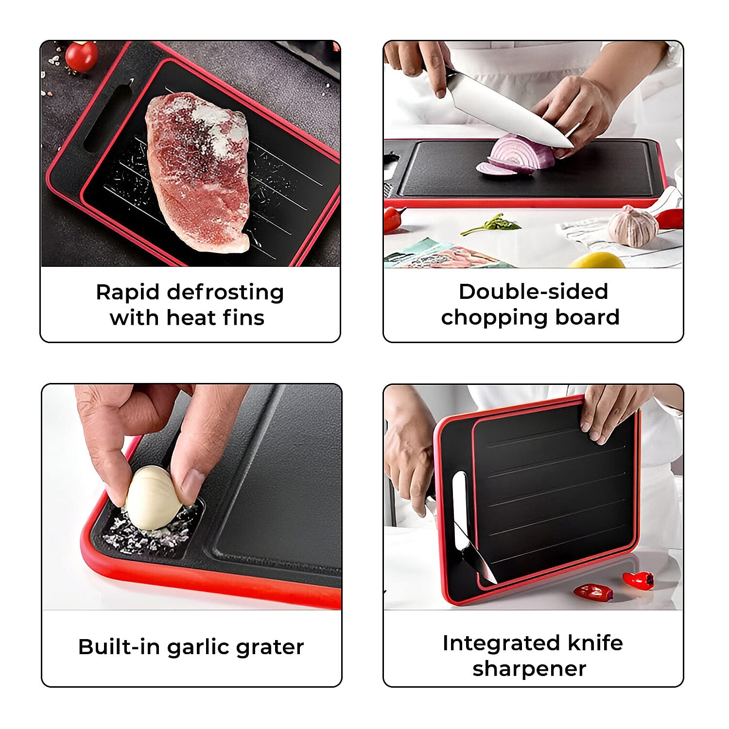 4-in-1 Multi-Purpose Defrosting Cutting Board - Defrosts upto 8 Times Faster, Knife Sharpener & Garlic Grater - Black & Red