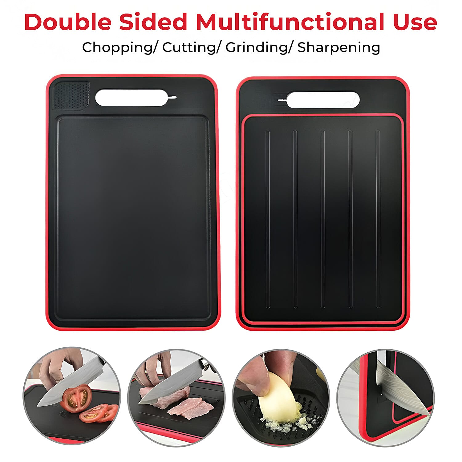 4-in-1 Multi-Purpose Defrosting Cutting Board - Defrosts upto 8 Times Faster, Knife Sharpener & Garlic Grater - Black & Red