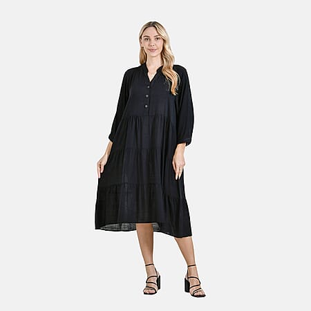 LA MAREY Womens Boho Button-Front V-Neck  Dress (One Size) - Black