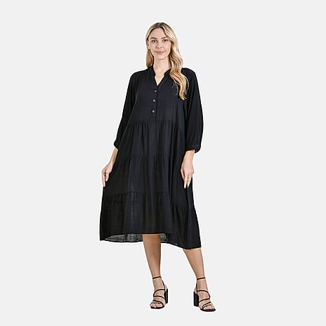 LA MAREY Womens Boho Button-Front V-Neck Rayon Dress (One Size) - Black