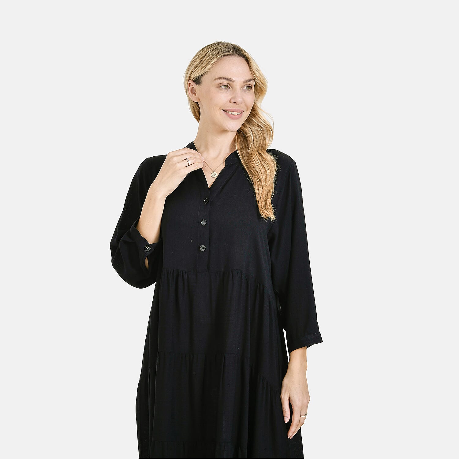 LA MAREY Womens Boho Button-Front V-Neck Dress (One Size) - Black LA MAREY Womens Boho Button-Front V-Neck Dress (One Size) - Black