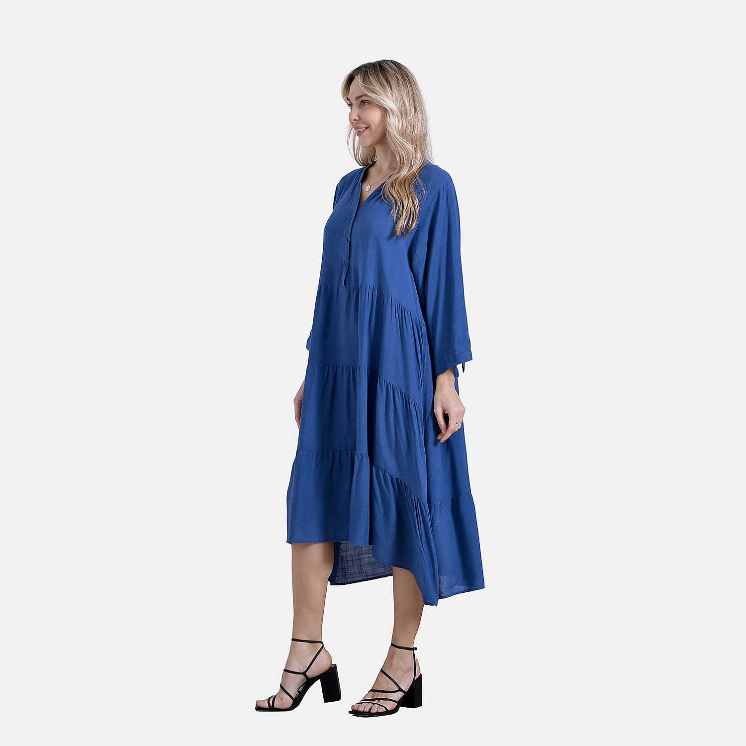 LA MAREY Womens Boho Button-Front V-Neck  Dress (One Size) - Denim Blue