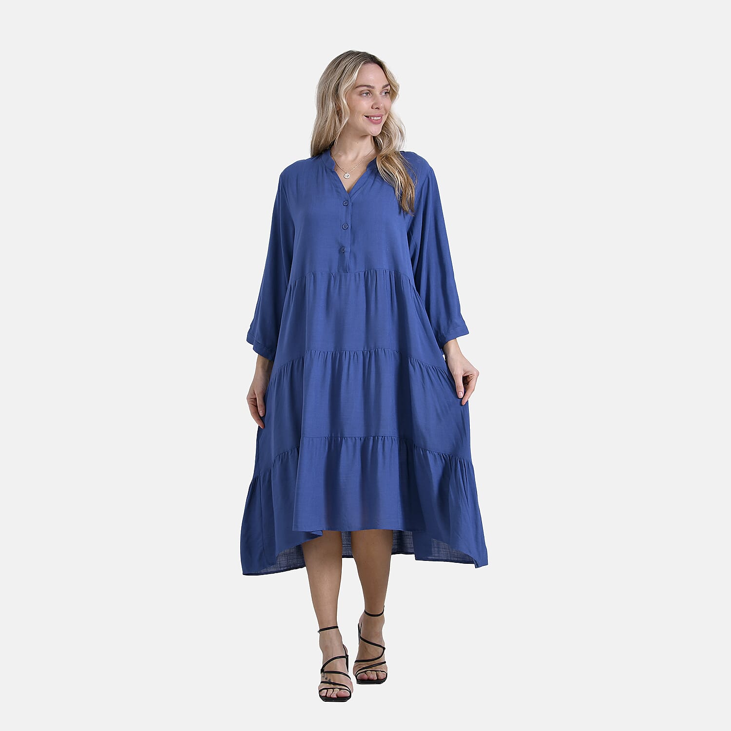LA MAREY Womens Boho Button-Front V-Neck  Dress (One Size) - Denim Blue