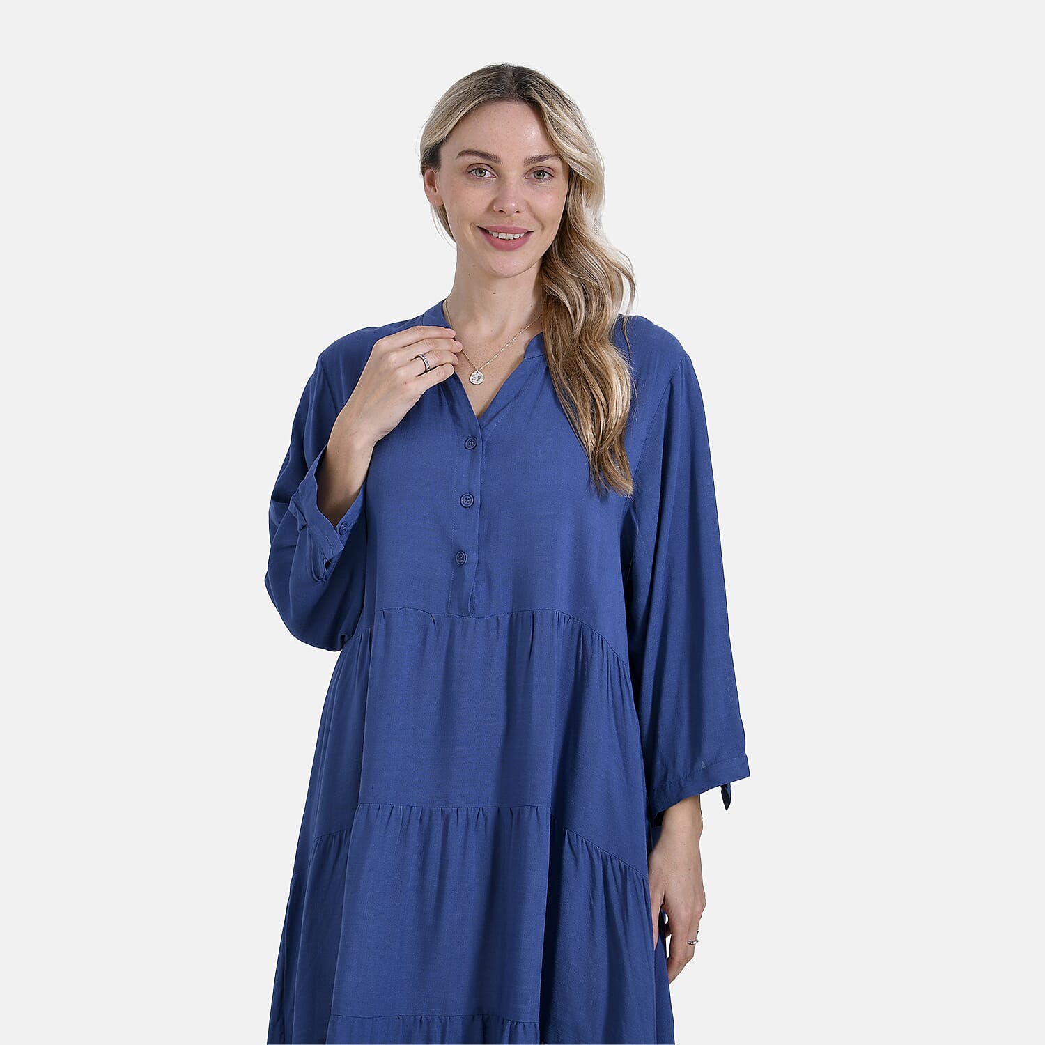 LA MAREY Womens Boho Button-Front V-Neck  Dress (One Size) - Denim Blue