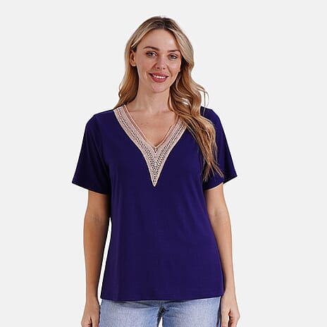 Tamsy Womens V-Neck Elegant Lace Blouse (Size XL) - Navy