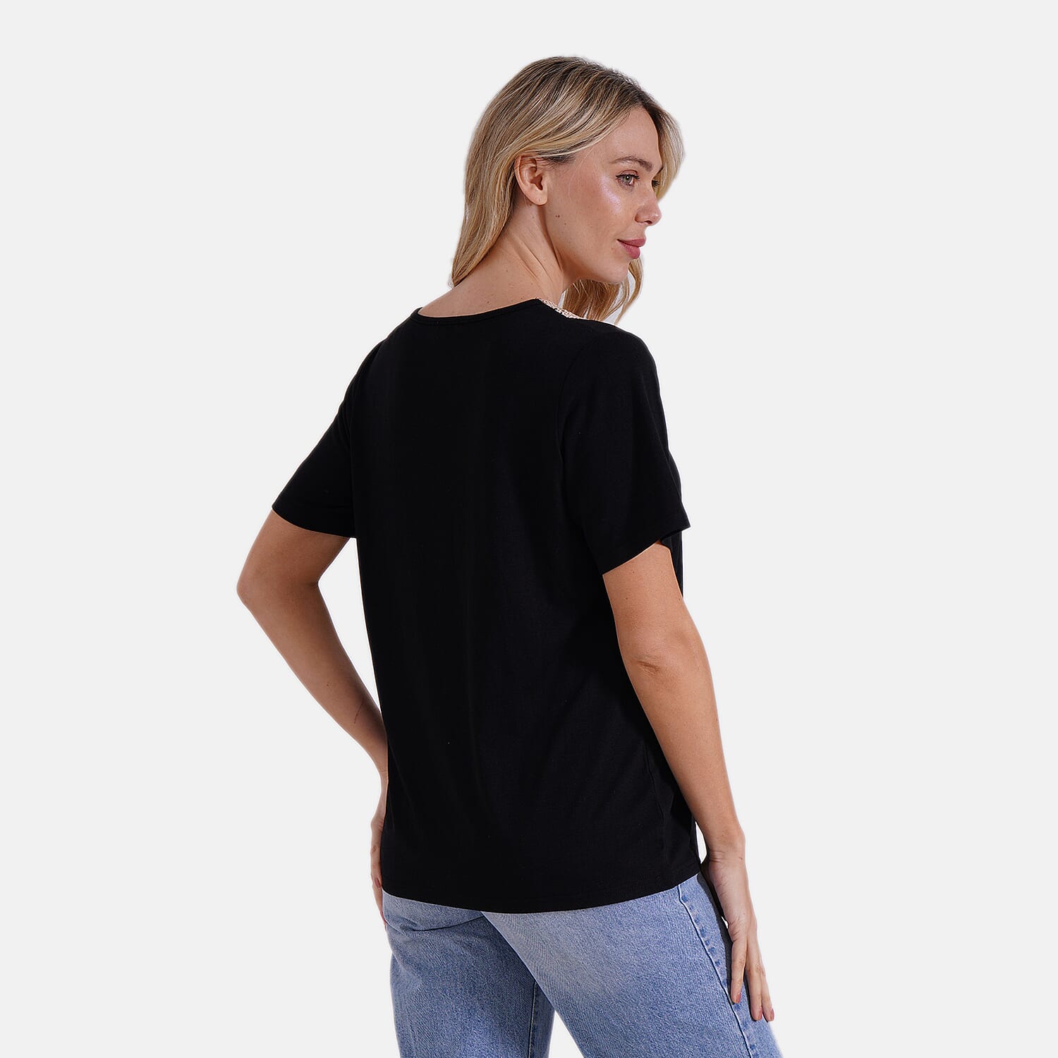 Tamsy Womens V-Neck Elegant Lace Blouse (Size S) - Navy