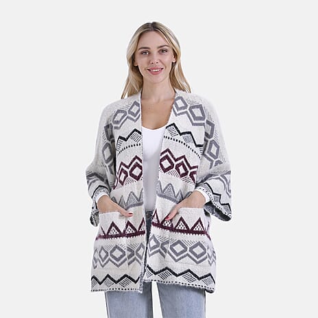 LOWEST EVER PRICE - -- Maisi Tribal Pattern Fuzzy Aztec COATIGAN - Off-White, Grey - Wine