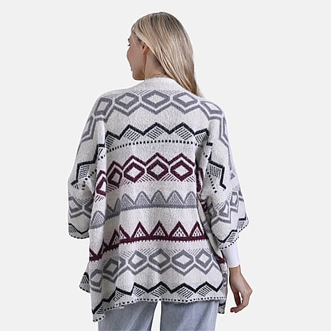 LOWEST EVER PRICE - -- Maisi Tribal Pattern Fuzzy Aztec COATIGAN - Off-White, Grey - Wine