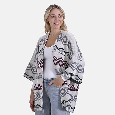 LOWEST EVER PRICE - -- Maisi Tribal Pattern Fuzzy Aztec COATIGAN - Off-White, Grey - Wine