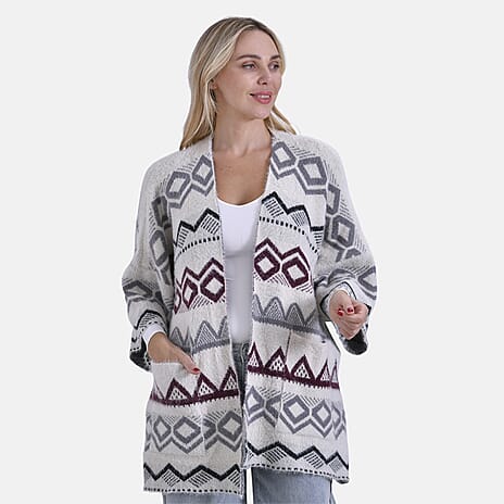 LOWEST EVER PRICE - -- Maisi Tribal Pattern Fuzzy Aztec COATIGAN - Off-White, Grey - Wine
