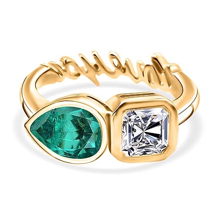 THE TOI ET MOI - GP - Art Deco Emeraldine Quartz, Moissanite Band Ring in 18K Vermeil Yellow Gold Plated Sterling Silver