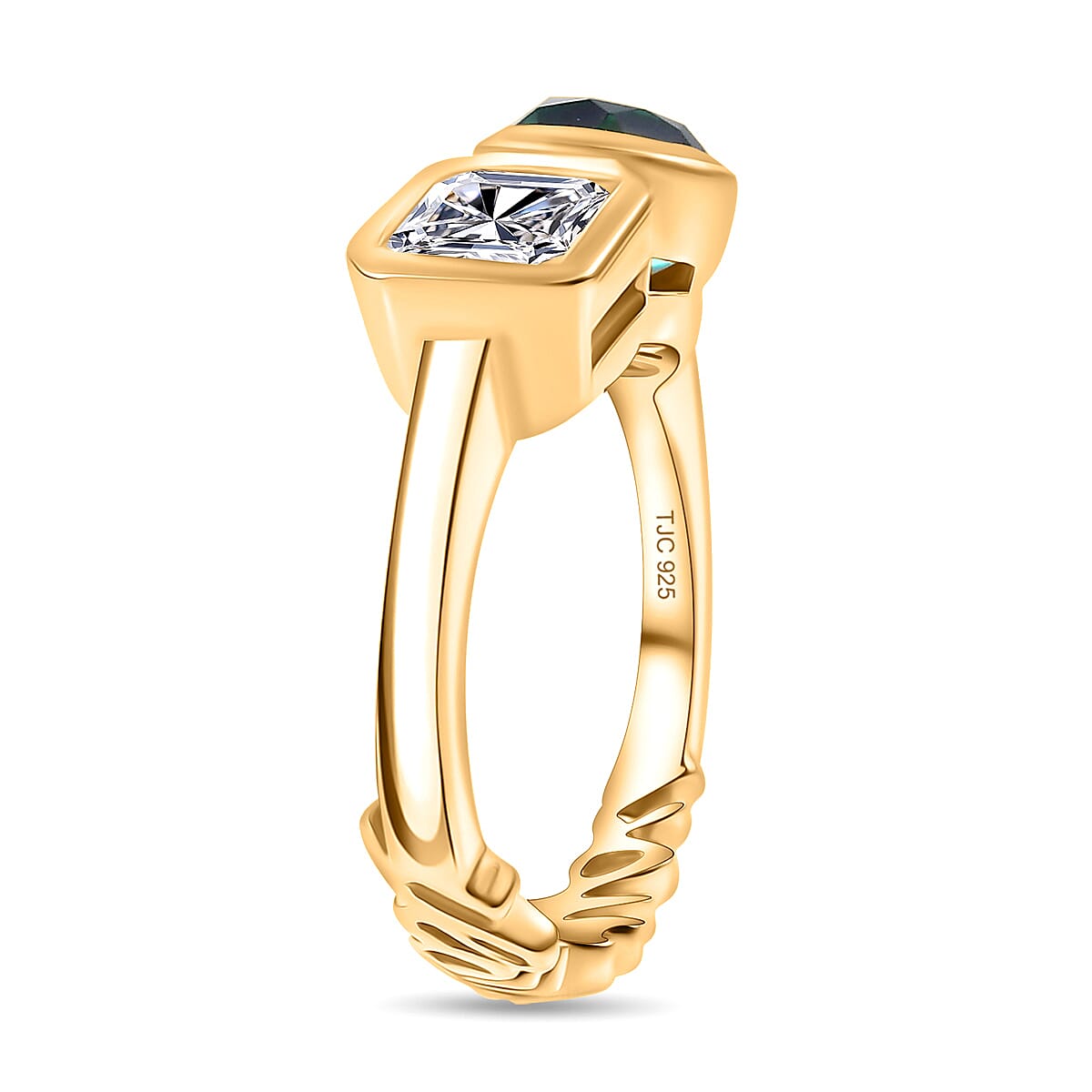 GP - Art Deco Emeraldine Quartz, Blue Sapphire & Moissanite Solitaire Ring in 18K Vermeil Yellow Gold Plated Sterling Silver 2.73 Ct. GP - Art Deco Emeraldine Quartz, Blue Sapphire & Moissanite Solitaire Ring in 18K Vermeil Yellow Gold Plated Sterling Silver 2.73 Ct.
