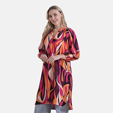 - Maisi Relaxed Fit Abstract Swirl Print Midi Dress (Size XXL) - Orange