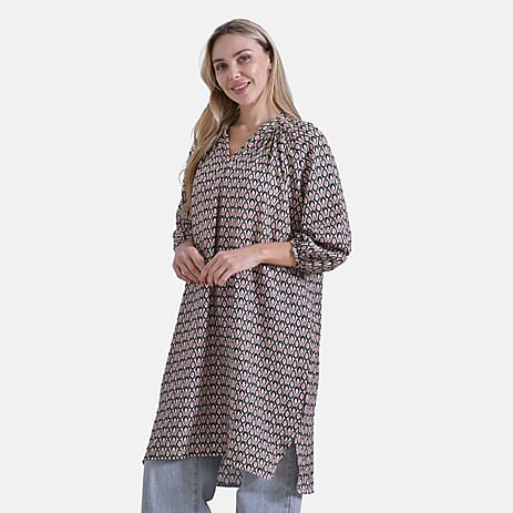 - Maisi Relaxed Fit Midi Dress (Size M) - Green Base with Pink - Light Peach Print