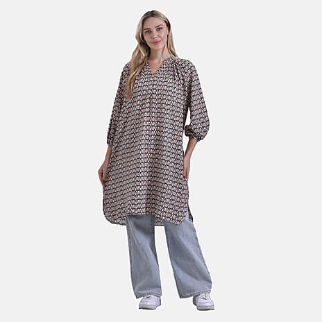 - Maisi Relaxed Fit Midi Dress (Size L) - Green Base with Pink - Light Peach Print