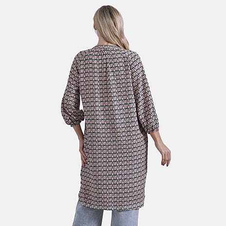 - Maisi Relaxed Fit Midi Dress (Size L) - Green Base with Pink - Light Peach Print