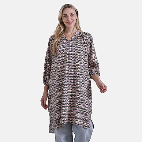 - Maisi Relaxed Fit Midi Dress (Size L) - Green Base with Pink - Light Peach Print