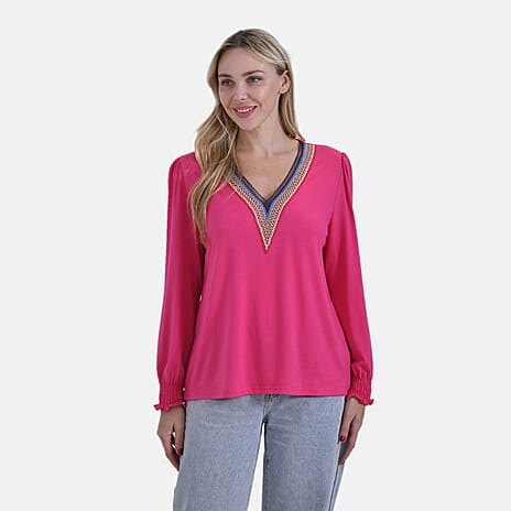 La Marey Elegant V-Neck Blouse with Lace Detail (Size 8 to 10) - Fuschia