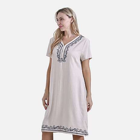 - Maisi Viscose Embroidery Short Sleeves T-shirt Dress (Size L) - Beige with Navy Print