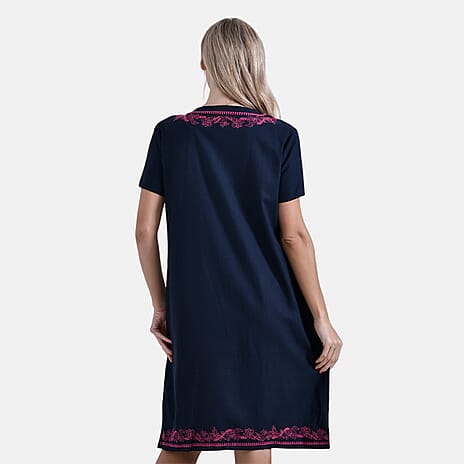 - Maisi Viscose Embroidery Short Sleeves T-shirt Dress (Size L) - Navy with Pink Print