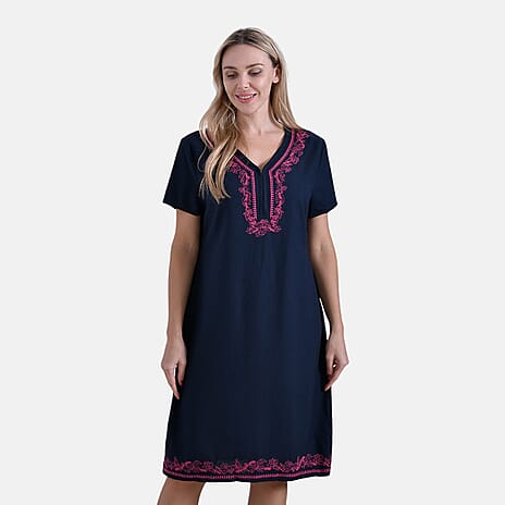 - Maisi Viscose Embroidery Short Sleeves T-shirt Dress (Size L) - Navy with Pink Print