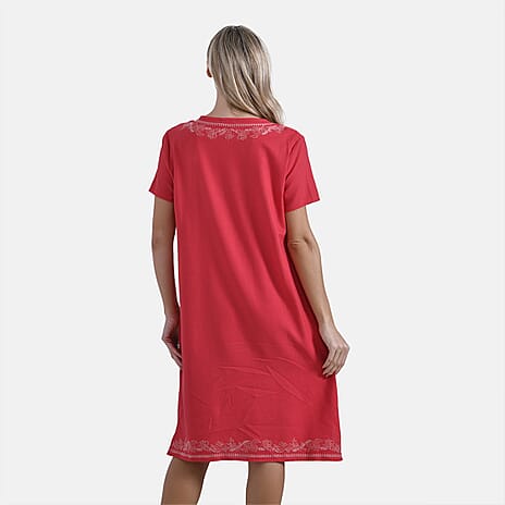 - Maisi Viscose Embroidery Short Sleeves T-shirt Dress (Size L) - Red