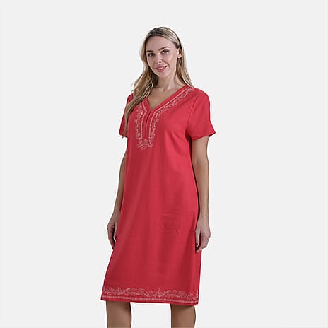 - Maisi Viscose Embroidery Short Sleeves T-shirt Dress (Size L) - Red