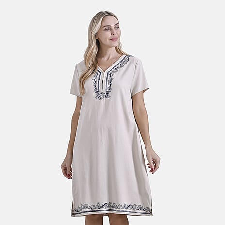 - Maisi Viscose Embroidery Short Sleeves T-shirt Dress (Size M) - Beige with Navy Print