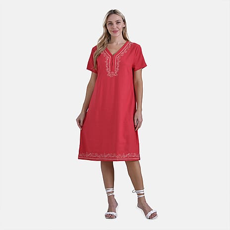 - Maisi Viscose Embroidery Short Sleeves T-shirt Dress (Size M) - Red