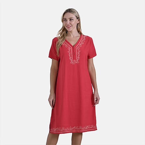 - Maisi Viscose Embroidery Short Sleeves T-shirt Dress (Size M) - Red