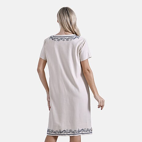 - Maisi Viscose Embroidery Short Sleeves T-shirt Dress (Size S) - Beige with Navy Print