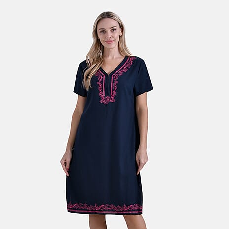 - Maisi Viscose Embroidery Short Sleeves T-shirt Dress (Size S) - Navy with Pink Print
