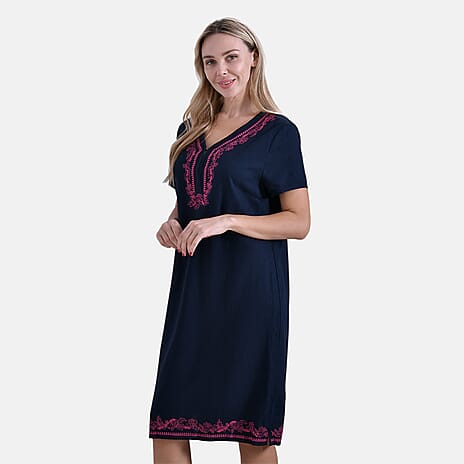 - Maisi Viscose Embroidery Short Sleeves T-shirt Dress (Size S) - Navy with Pink Print