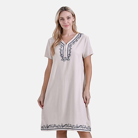 - Maisi Viscose Embroidery Short Sleeves T-shirt Dress (Size XL) - Beige with Navy Print