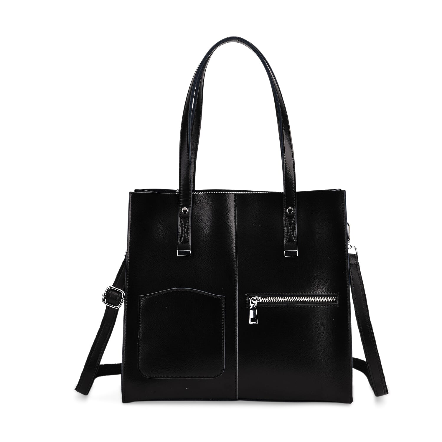 Sumptuous quality 100% Genuine Leather LARGE Tote Bag with Shoulder Strap - Black