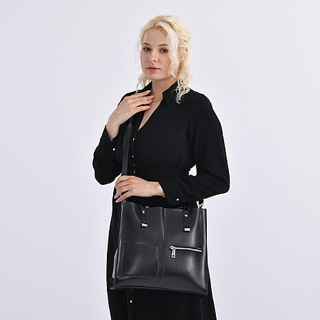 Sumptuous quality 100% Genuine Leather LARGE Tote Bag with Shoulder Strap - Black