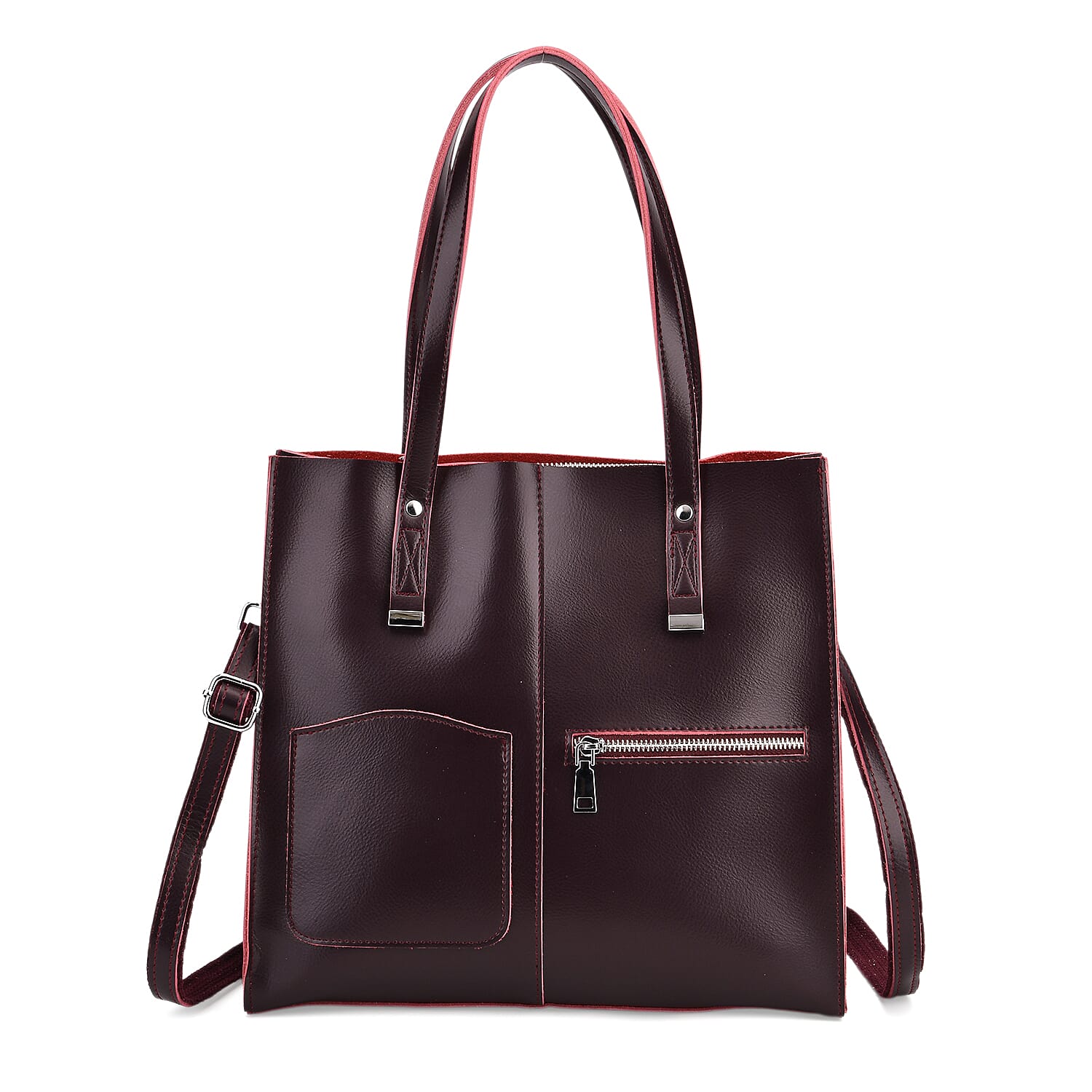 Genuine Leather Tote Bag with Shoulder Strap - Burgundy