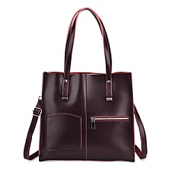Genuine Leather Tote Bag with Shoulder Strap - Burgundy
