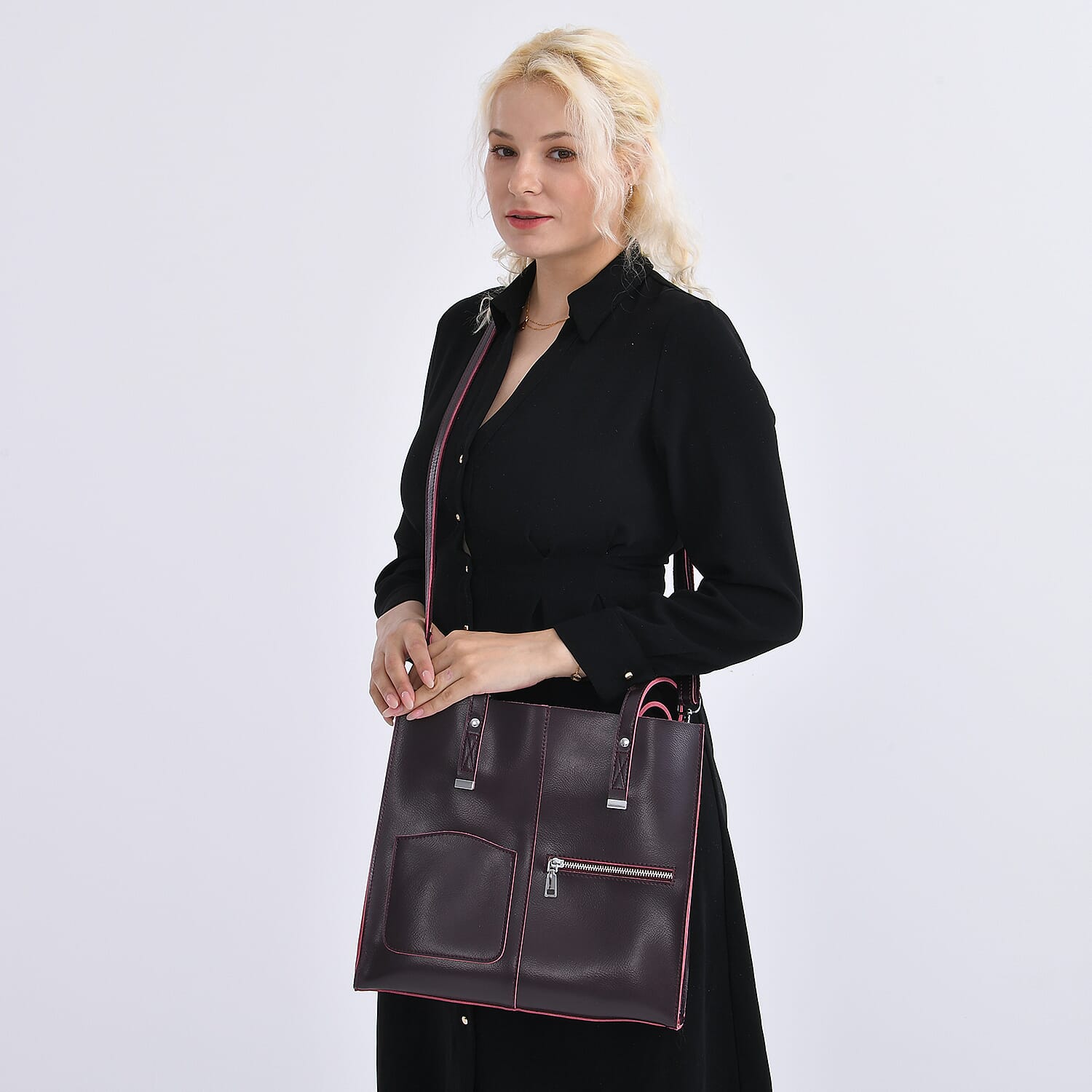 Genuine Leather Tote Bag with Shoulder Strap - Burgundy
