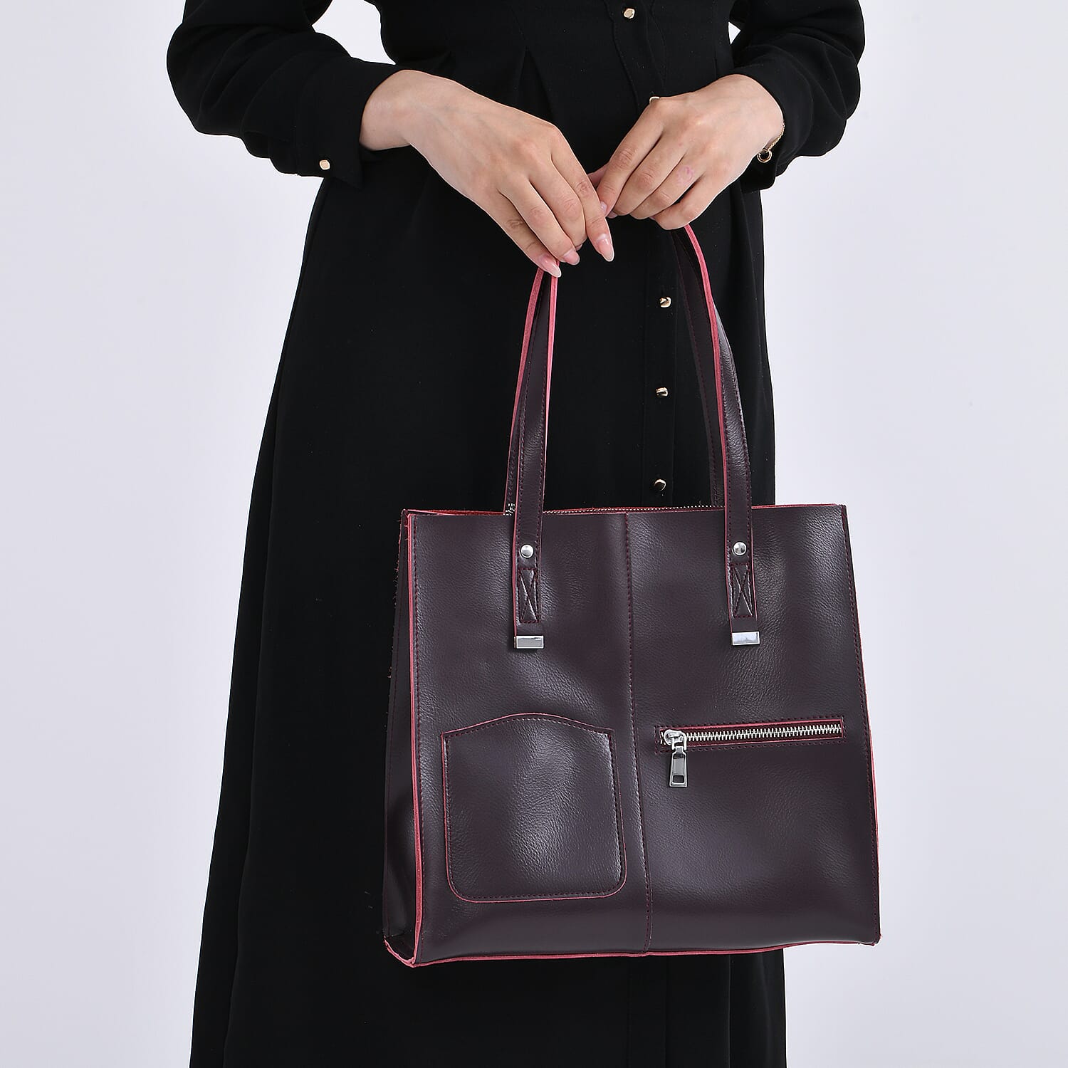 Genuine Leather Tote Bag with Shoulder Strap - Burgundy