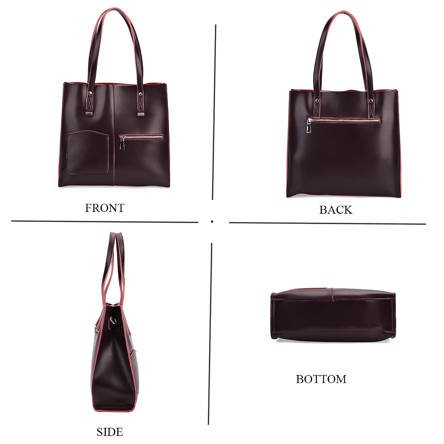 Genuine Leather Tote Bag with Shoulder Strap - Burgundy