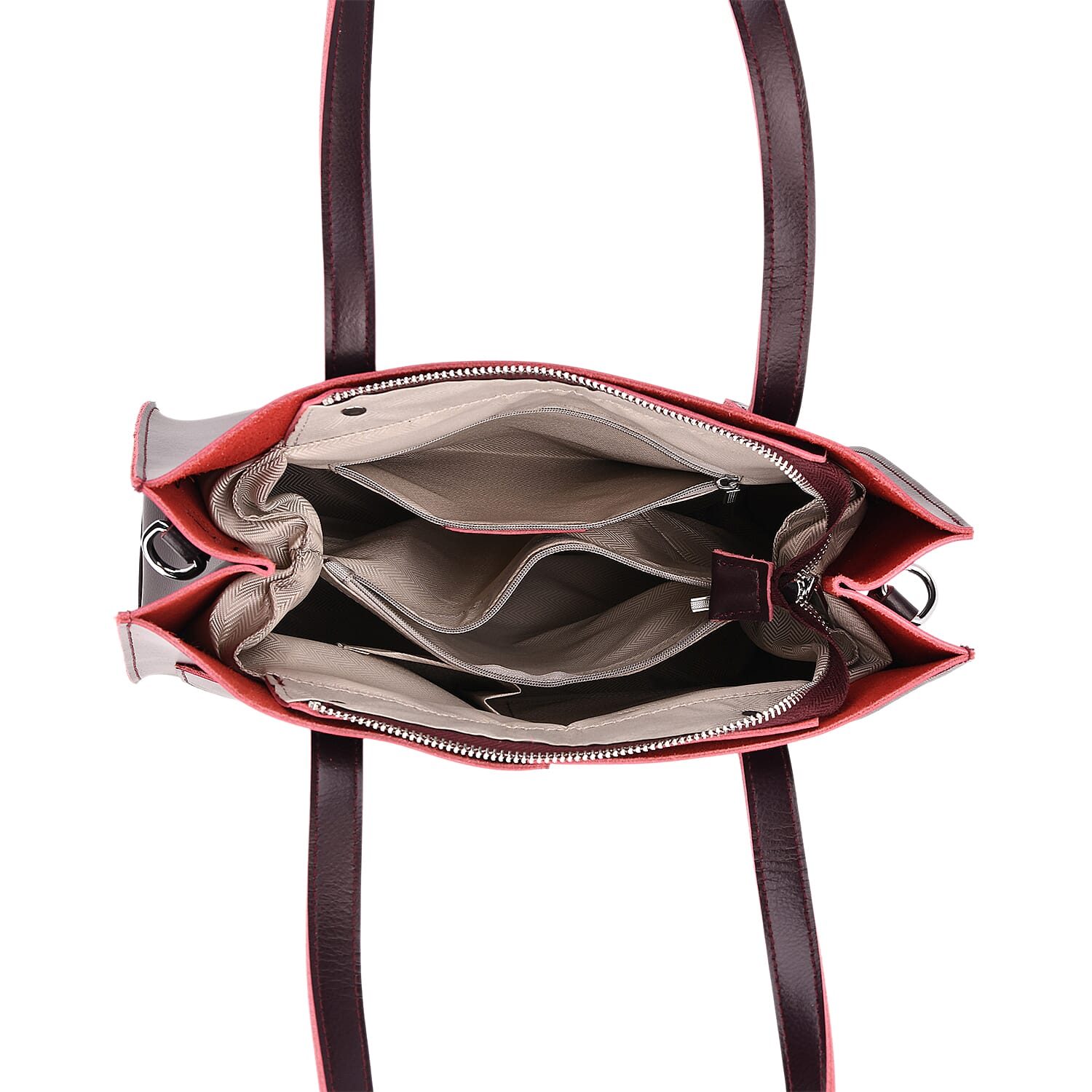 Genuine Leather Tote Bag with Shoulder Strap - Burgundy