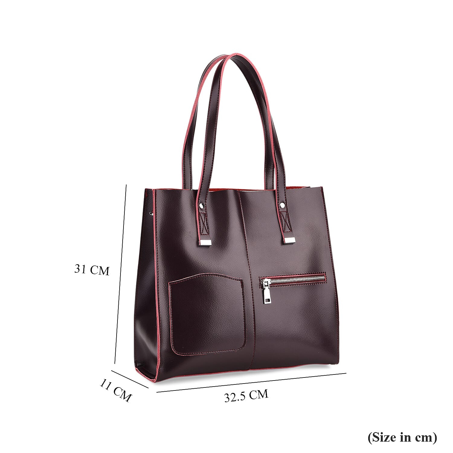 Genuine Leather Tote Bag with Shoulder Strap - Burgundy