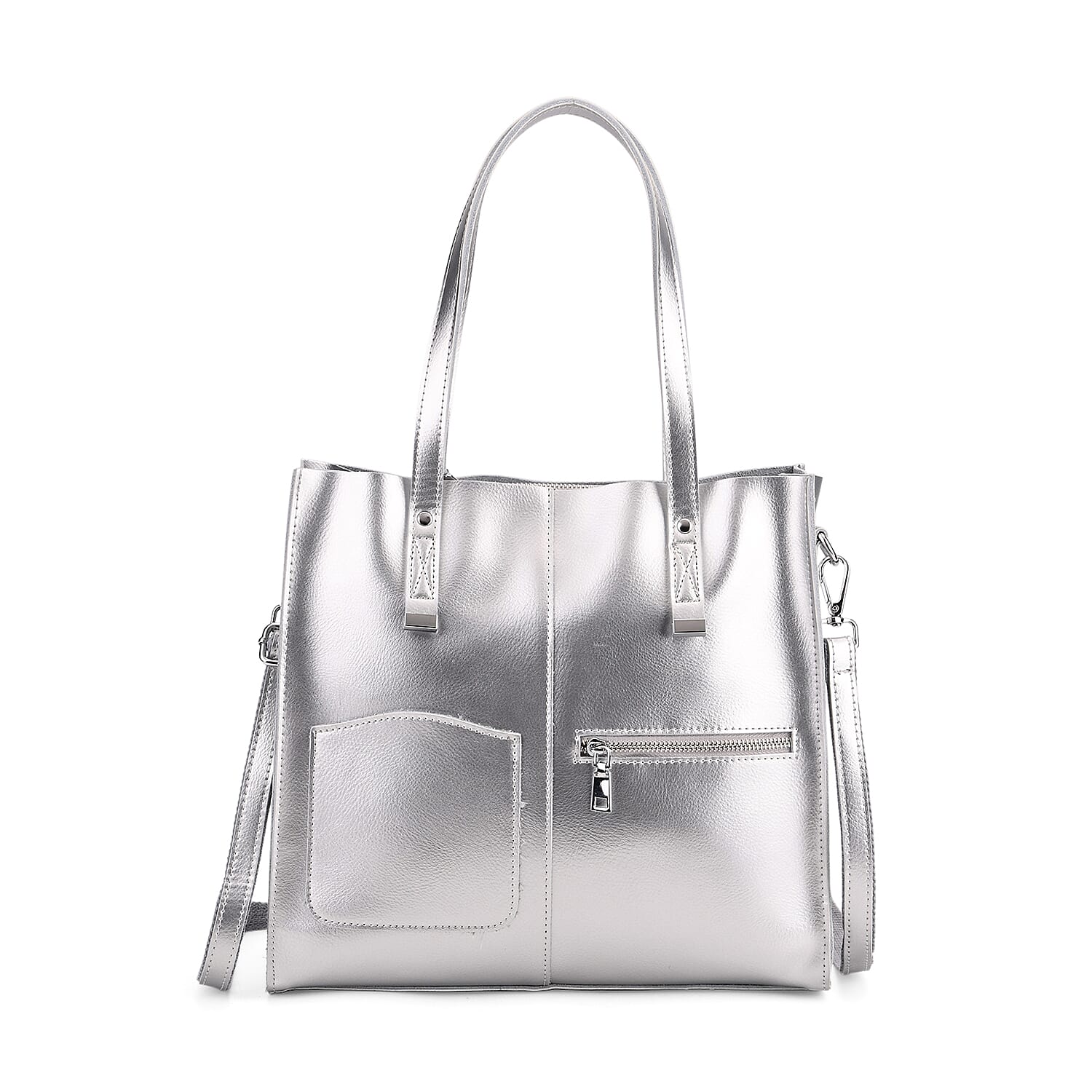 Sumptuous Quality 100% Genuine Leather Large Tote Bag with Shoulder Strap - Silver