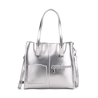 https://tjcuk.sirv.com/Products/80/2/8027422/Leather-Rectangle-Tote-Bag-Size-13x4x12-in-Silver-Black_8027422.jpg?w=342&h=342