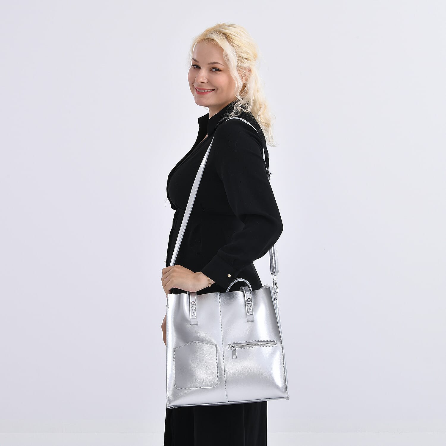 Sumptuous Quality 100% Genuine Leather Large Tote Bag with Shoulder Strap - Silver