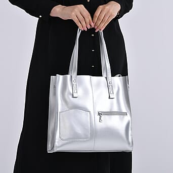 https://tjcuk.sirv.com/Products/80/2/8027422/Leather-Rectangle-Tote-Bag-Size-13x4x12-in-Silver-Black_8027422_2.jpg?w=342&h=342