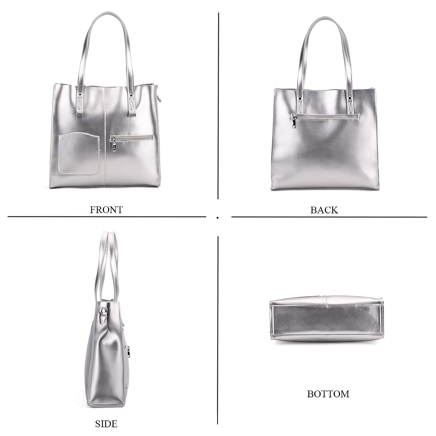 Sumptuous Quality 100% Genuine Leather Large Tote Bag with Shoulder Strap - Silver