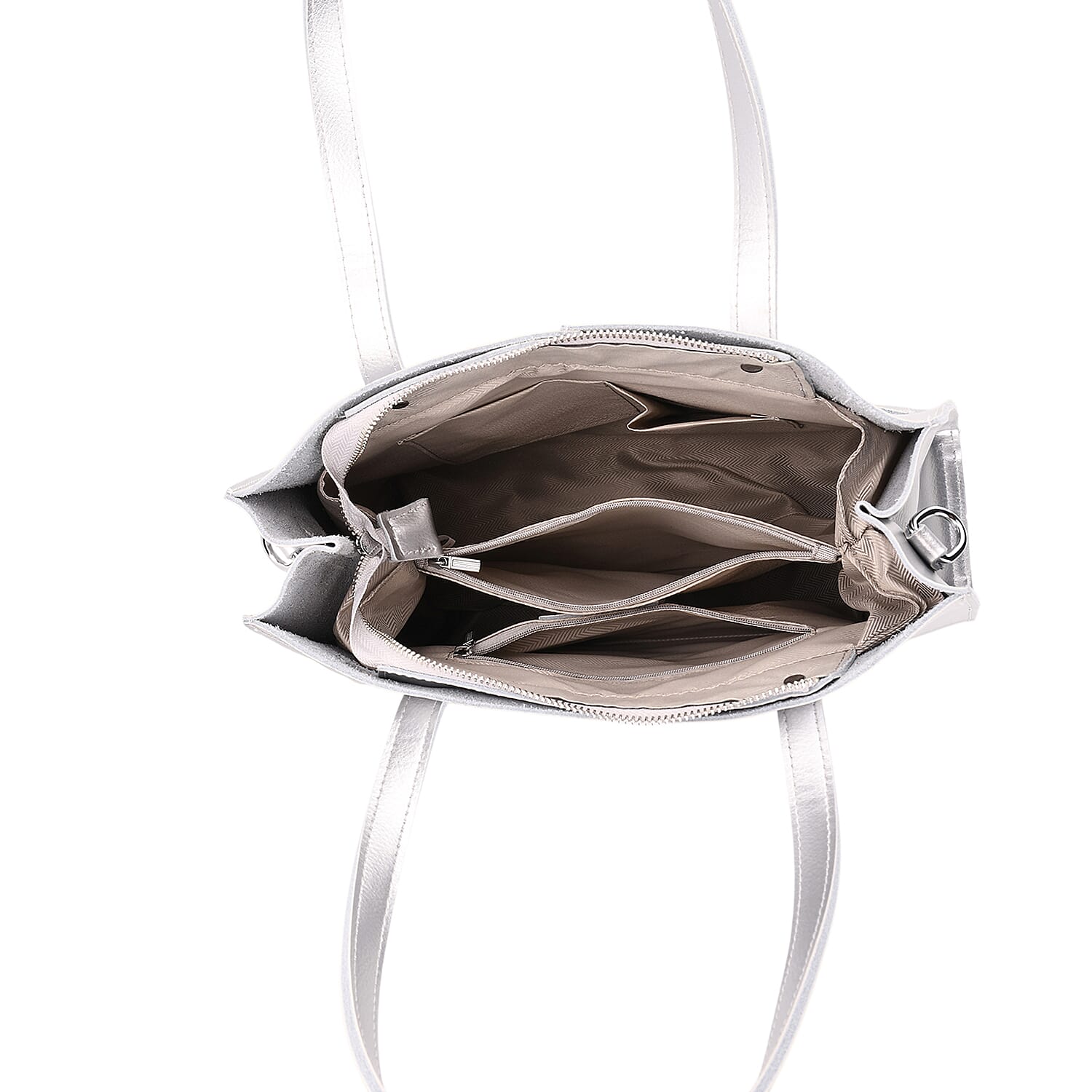 Sumptuous Quality 100% Genuine Leather Large Tote Bag with Shoulder Strap - Silver