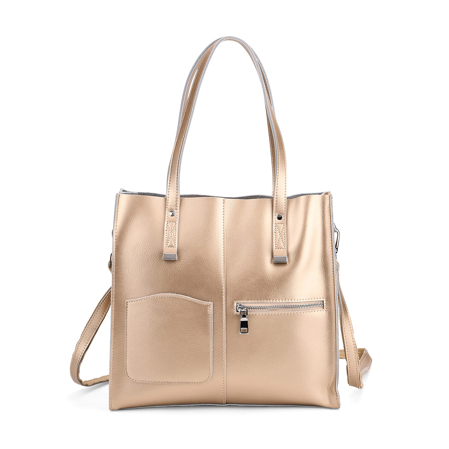 Sumptuous Quality 100% Genuine Leather Large Tote Bag with Shoulder Strap - Gold